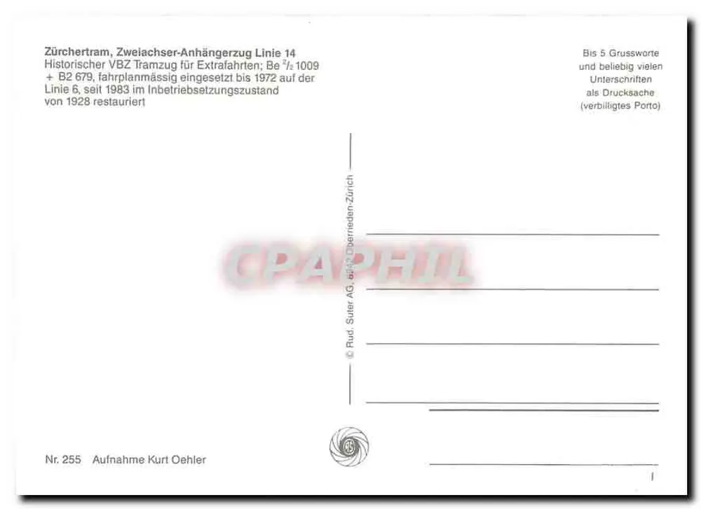 Tramway historique Zürich — Ligne 14 et 6 — éditeur Suter AG, Zurich, n° 255 - Verso