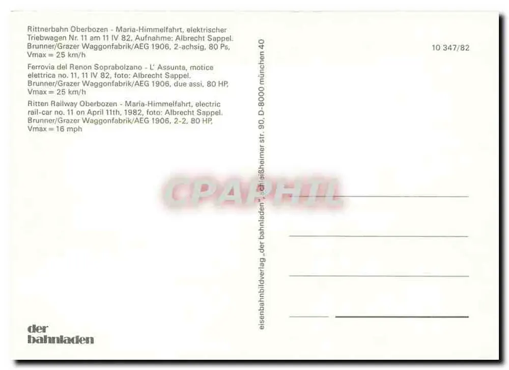 Elektrischer Straßenbahn Maria-Himmelfahrt — Oberbozen — Verlag der bahnladen, n° 10 347/82 - Rückseite