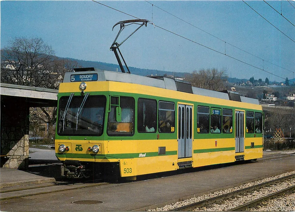 Tramway de Neuchâtel — Tramway Be 4/4 503 à Boudry — MINIREX AG, Ch-8022 Luzern — N° 1558 - Recto