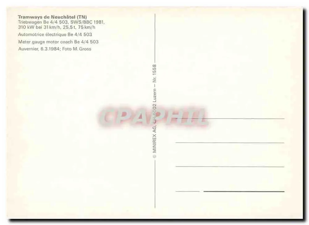 Tramway de Neuchâtel — Tramway Be 4/4 503 à Boudry — MINIREX AG, Ch-8022 Luzern — N° 1558 - Verso