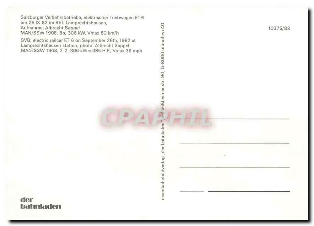 Salzburger Verkehrsbetriebe, électrique Triebwagen ET 6 — Lamprechtshausen — der bahnladen, n° 10375/83 - Verso