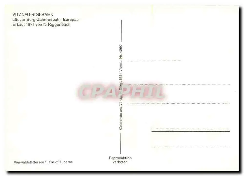Treno a cremagliera Vitznau-Rigi — Europa — editore Vitznau, n° 4260 - Verso