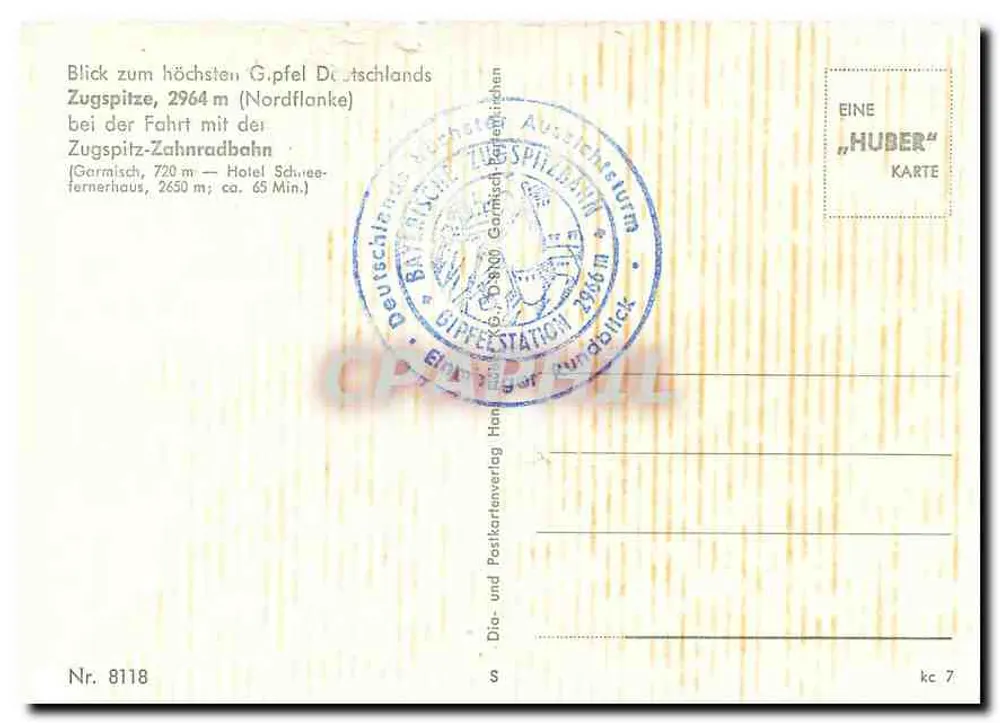 Ansicht des Zugspitzes — Höchster Gipfel Deutschlands — mit der Zugspitzbahn — Verleger Huber, Nr. 8118 - Rückseite