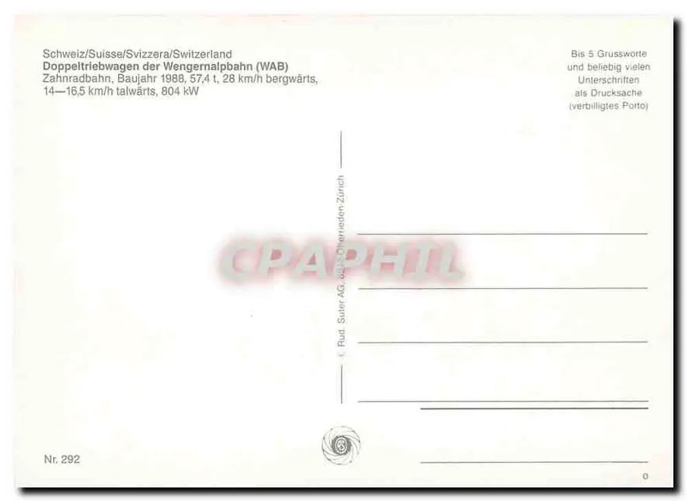 Treno a cremagliera della Wengernalpbahn — Svizzera — editore Rud. Suter AG, Zurigo, n° 292 - Verso