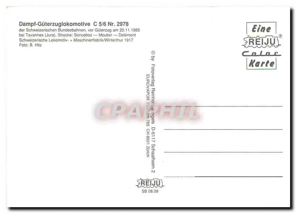 Stoomlocomotief C 5/6 nr. 2978 — Zwitserse Federale Spoorwegen — REIJU Color Karte - Achterkant