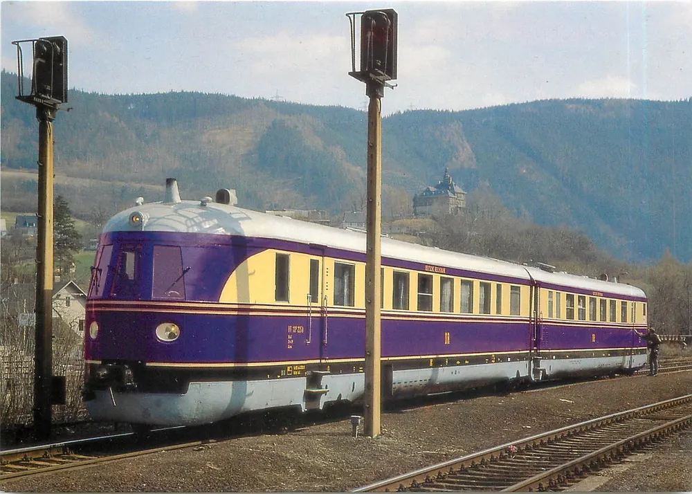 Train électrique VT 137 225 a/b — Deutsche Reichsbahn, station Kaulsdorf/Thür, 9 avril 1992 — REIJU Color Karte - Recto