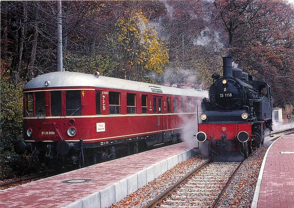 Dampflokomotive 75 1118 und Elefahrzeug ET 25 015 a/b — Ulmer Eisenbahnfreunde, Bad Herrenalb — REIJU Color Karte - Vorderseite