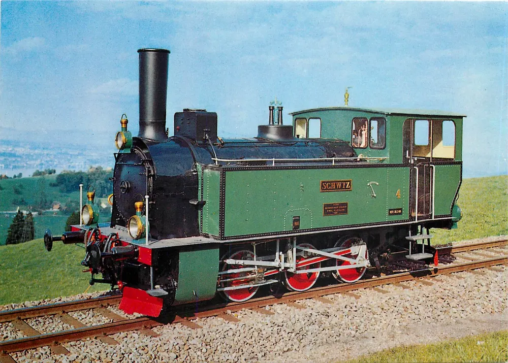 Lokomotywa Szwajcarii. Północno-Wschodnia Kolej (SOB) — rok produkcji 1887, w eksploatacji do 1941 — wydawca: Verkehrverein Wädenswil, druk: Buchdruck Offset Mangis Vrip - Awers