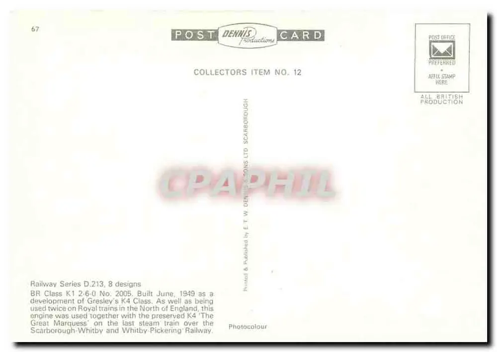 LNER 2005 — locomotiva BR Class K1 — Dennis Productions - Verso