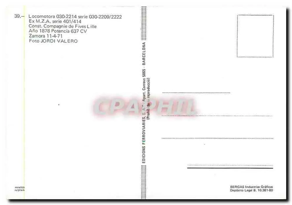 Locomotiva 030-2214 — série 030-2209/2222 — Éditions Ferroviaries, S.A. - Verso