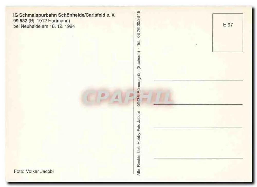 Trem a vapor no inverno — IG Schmalspurbahn Schönheide/Carlsfeld e.V. — n° de série E 97 - Verso