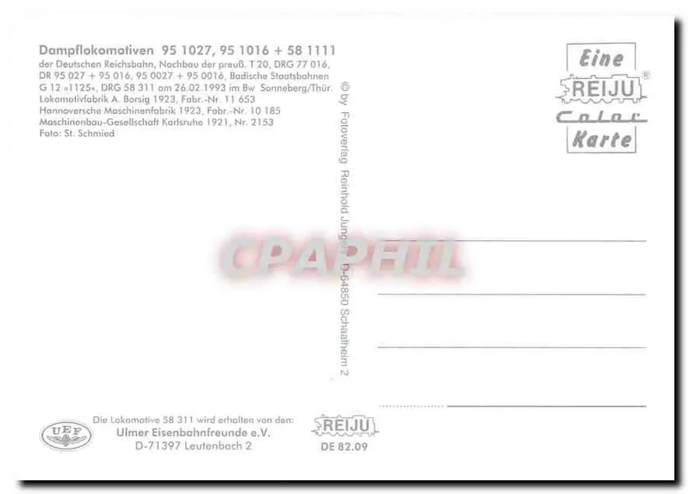 Locomotivas a vapor 95 1027, 95 1016 + 58 1111 — DRG 58 311 — REIJU Color Karte - Verso