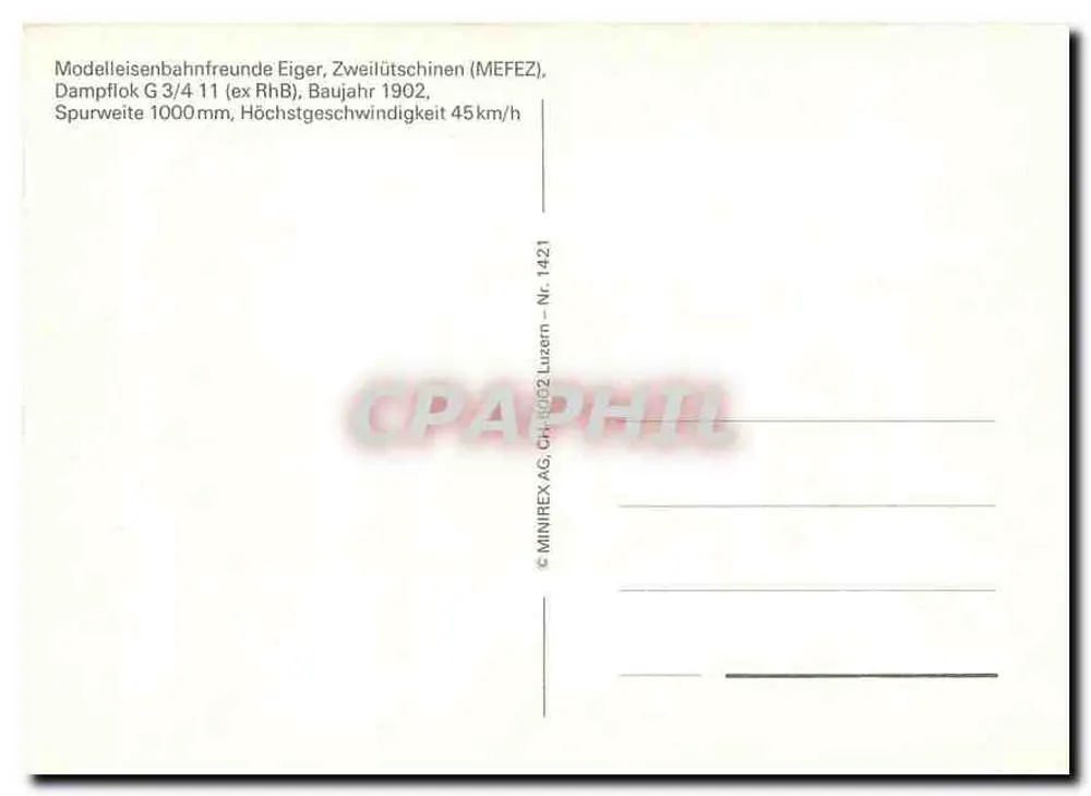 Dampflokomotive G 3/4 11 — ex RhB — modèle réduit — éditeur MINIREX AG, n° 1421 - Verso