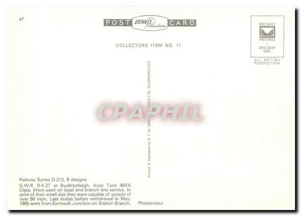 Locomotive Great Western 1450 — Railway Series D.213, 8 designs — Post Dennils Productions, Collectors Item No. 11 - Verso