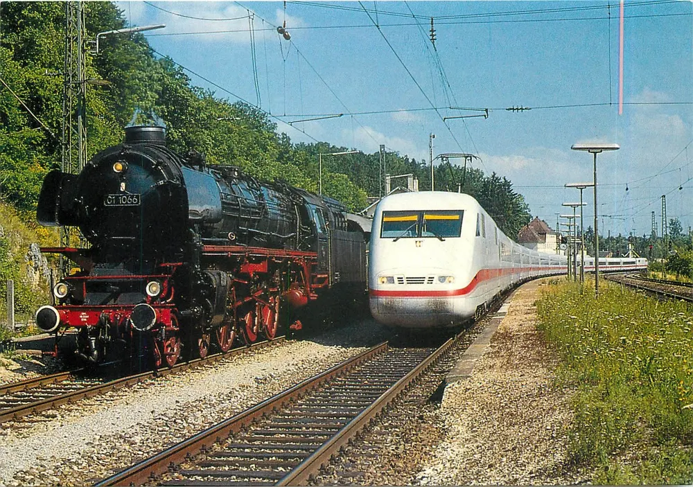 Dampflokomotive 01 1066 und ICE 401 — Ulm — REIJU Color Karte - Vorderseite