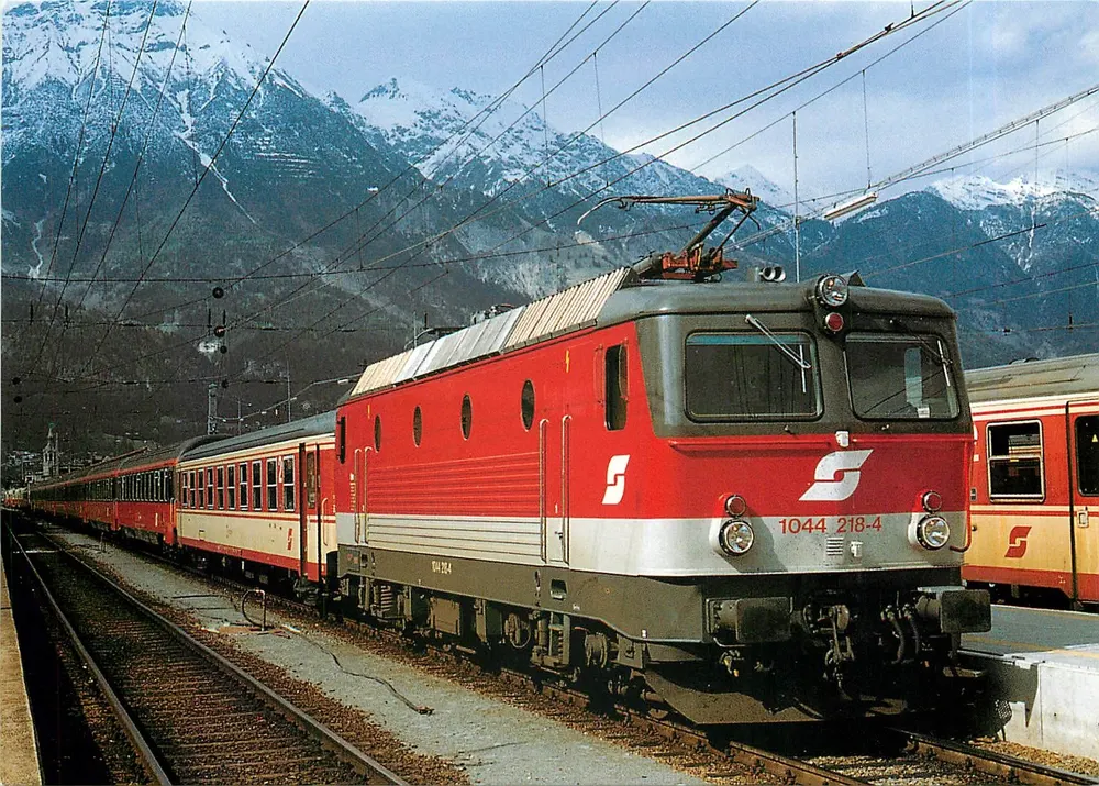 Elektrische Lokomotive ÖBB 1044 218-4 — Innsbruck Hbf, 21. Mai 1991 — Verlag der bahnladen, Nr. 11069/92 - Vorderseite
