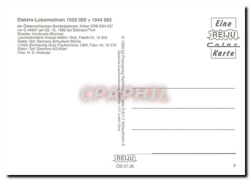 Lokomotiva 1020 009 + 1044 085 — Österreichische Bundesbahnen — REIJU Color Karte - Verso