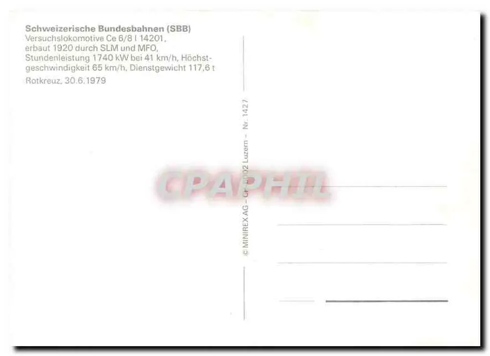 Locomotive d'essai Ce 6/8 14201 — Schweizerische Bundesbahnen (SBB) — MINIREX AG, Luzern, n° 1427 - Verso