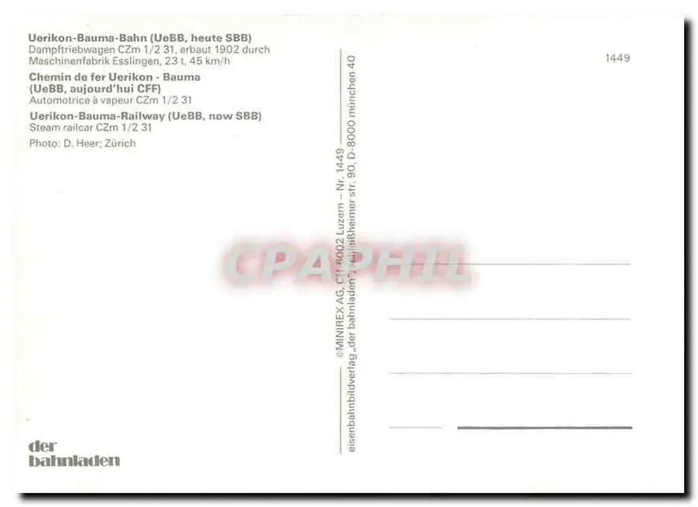 Uerikon-Bauma-Bahn — Automotrice à vapeur CZm 1/2 31 — MINIREX AG - Verso