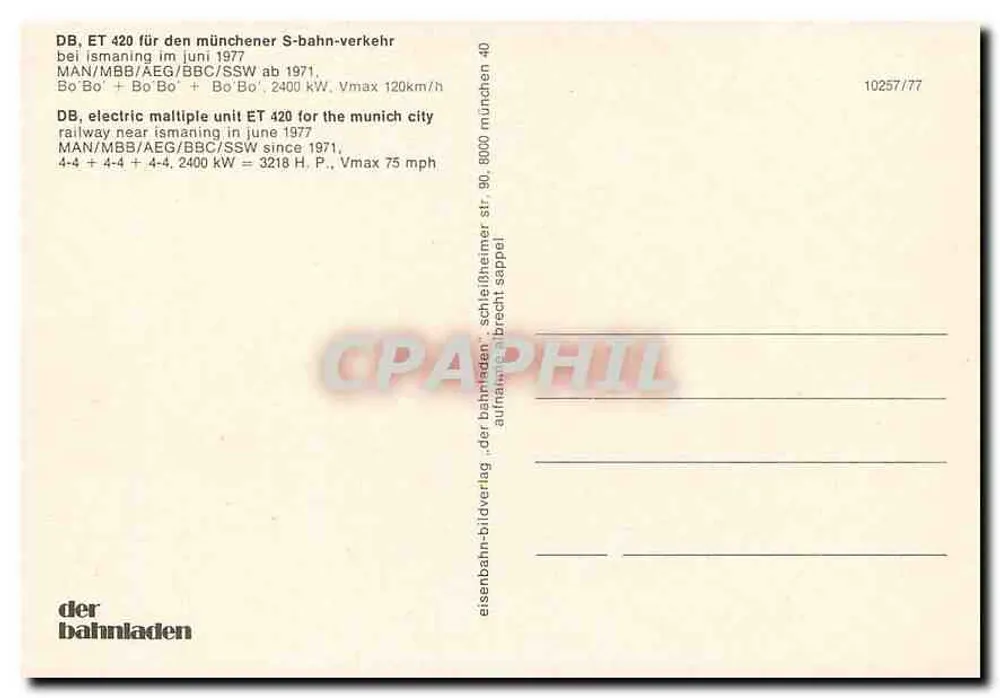 Trem elétrico DB ET 420 — em Ismaning, perto de Munique — editor der bahnladen, n° 10257/77 - Verso