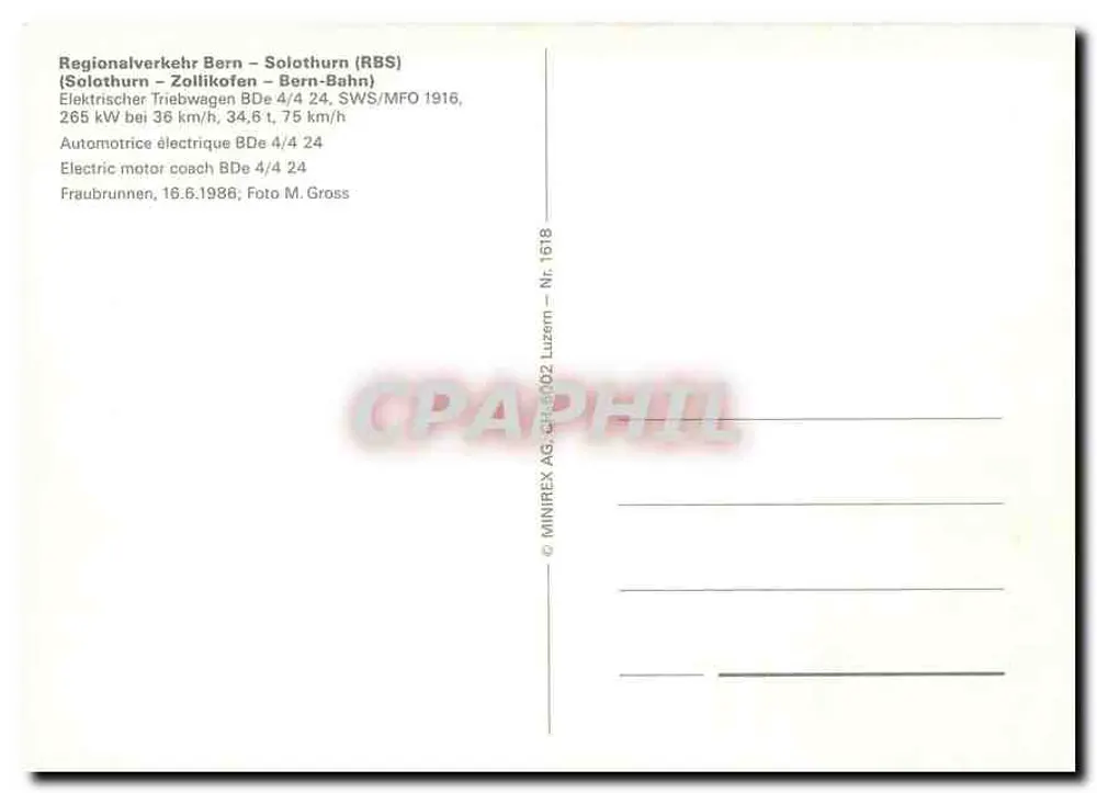 Automotrice électrique BDe 4/4 24 — Fraubrunnen — MINIREX AG, Luzern, n° 1618 - Verso