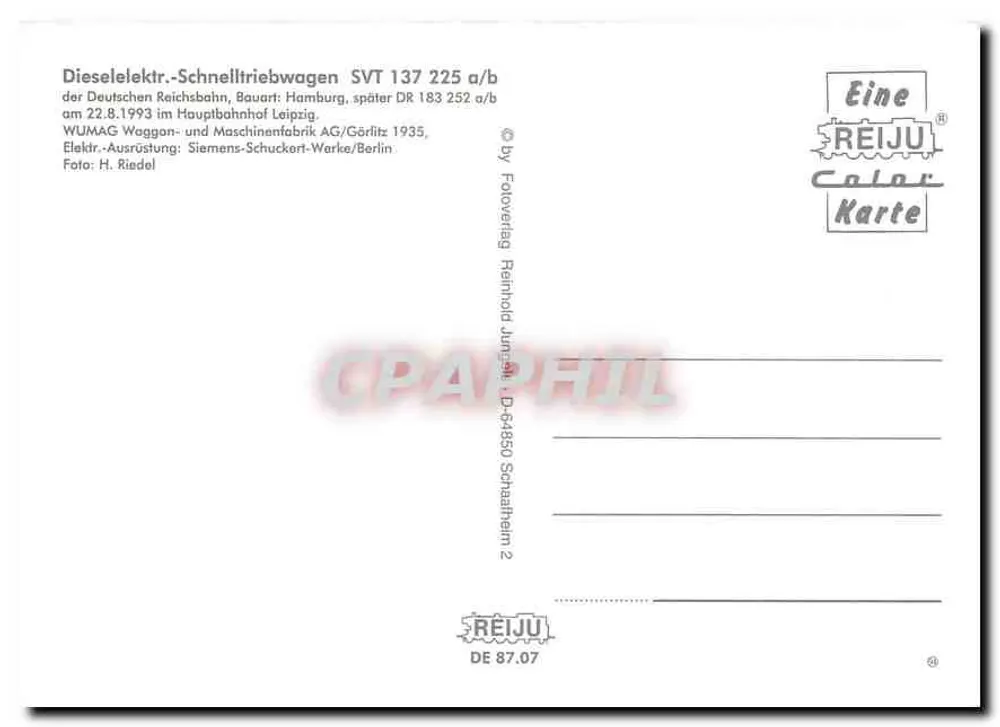 Dieselelektrischer Schnelltriebwagen SVT 137 225 a/b — Hauptbahnhof Leipzig — REIJU Color Karte - Verso
