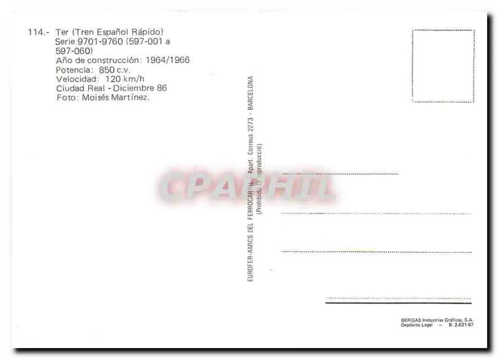 Treno Spagnolo Rapido — Serie 9701-9760 — BERGAS Industries Gráficas, S.A. - Verso