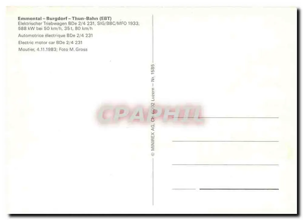 Emmental – Burgdorf – Thun-Bahn (EBT) — Electric motor car BDe 2/4 231 — MINIREX AG, Luzern, n° 1585 - Verso