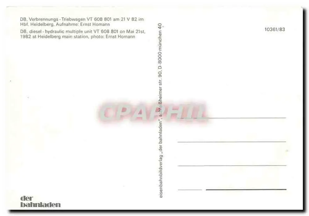 VT 608 801 — locomotive diesel-hydraulique — éditeur der bahnladen, n° 10361/83 - Verso