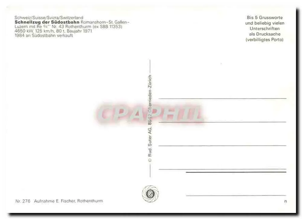 Zug der Schweiz — Schnellzug der Südostbahn — Rud. Suter AG, Nr. 276 - Rückseite