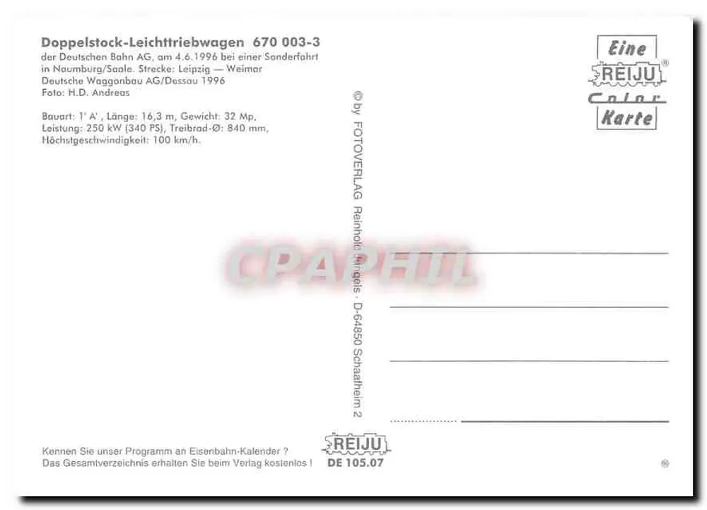 Doppelstock-Leichttriebwagen 670 003-3 — Deutsche Bahn AG — edição REIJU Color Karte - Verso