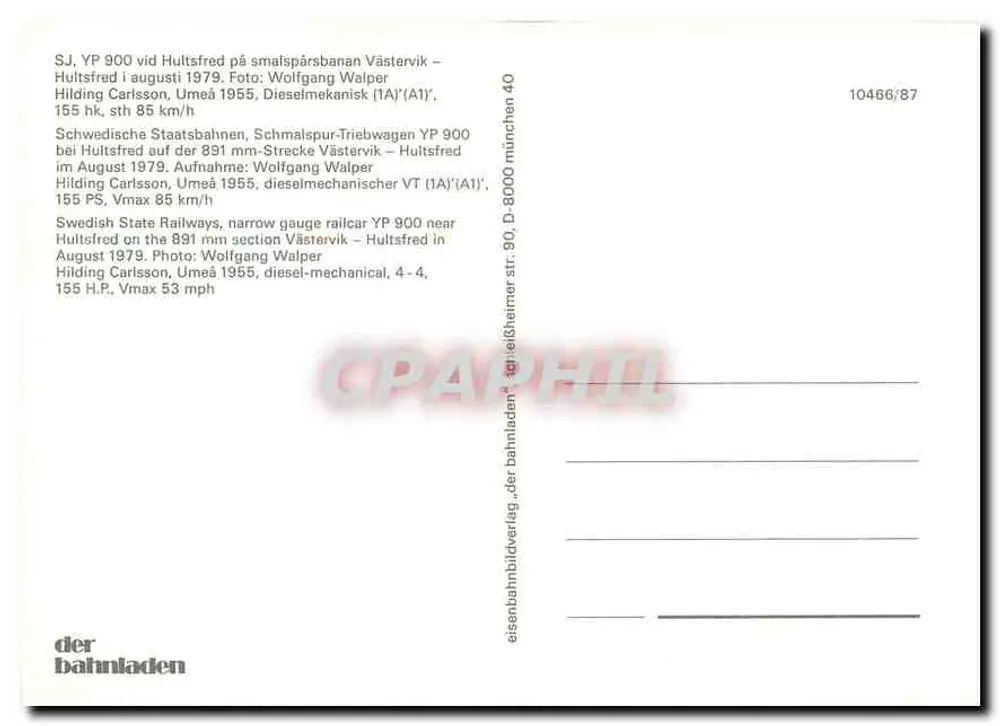 Schmalspurbahn YP 900 — Hultsfred — Verlag der bahnladen, Nr. 10466/87 - Rückseite