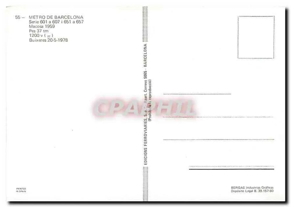 Train du métro de Barcelone — Série 601 à 657 — Éditeur: Edicions Ferroviaries S.A. - Verso