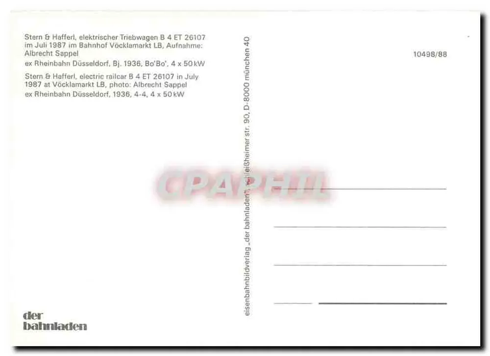 Tramway Stern & Haffler B 4 ET 26107 — Vöcklamarkt, Autriche — éditeur der bahnladen, n° 10498/88 - Verso