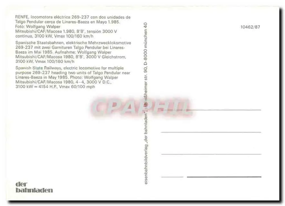 Elektrische Lokomotive 269-237 — nahe Linares-Baeza — der bahnladen, n° 10462/87 - Rückseite
