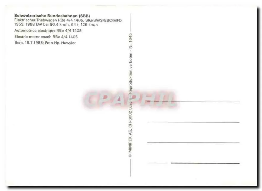 SBB CFF FFS — Automotrice électrique RBe 4/4 1405 — MINIREX AG - Verso