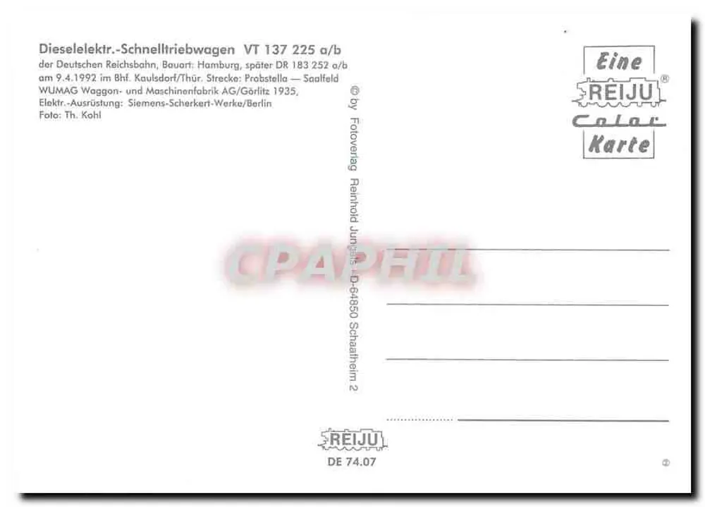 Dieselelektrischer Schnelltriebwagen VT 137 225 a/b — Deutsche Reichsbahn, acquisito nel 1935 — editore REIJu, n° 74.07 - Verso