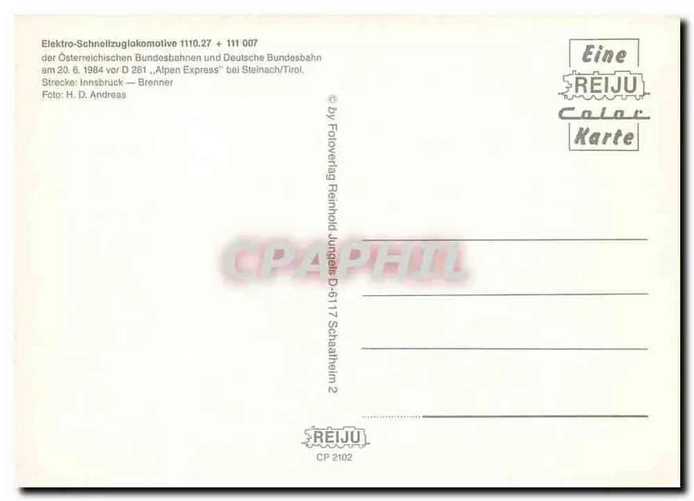 Electro-snowplow locomotive 1110.27 + 111 007 — Alpen Express — REIJU Color Karte - Back