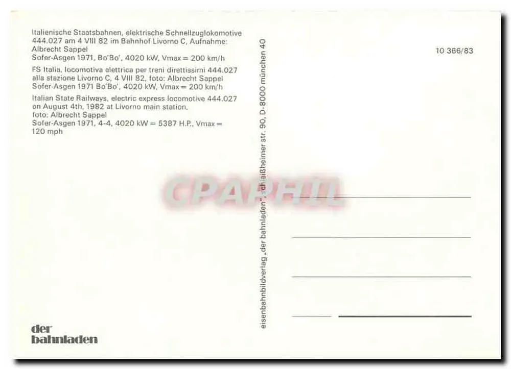विद्युत लोकोमोटिव FS E.444.027 — लिवोर्नो C — एडिटर डर बाहनलाडेन, संख्या 10 366/83 - पीछे