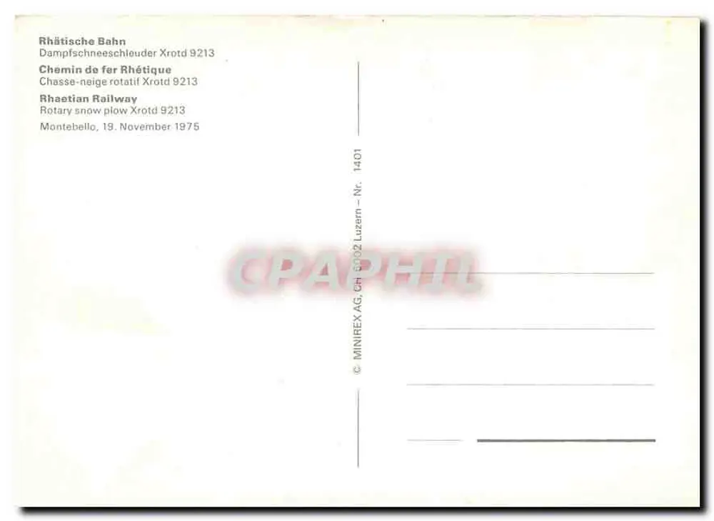 Train à vapeur avec chasse-neige rotatif X 9213 — Rhätische Bahn — éditeur MINIREX AG, n° 14.01 - Verso