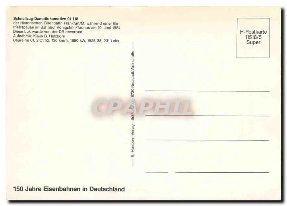 Dampflokomotive 01 118 — Schnellzug-Dampflokomotive de la Historischen Eisenbahn Frankfurt/M. — E-Holzborn-Verlag - Verso