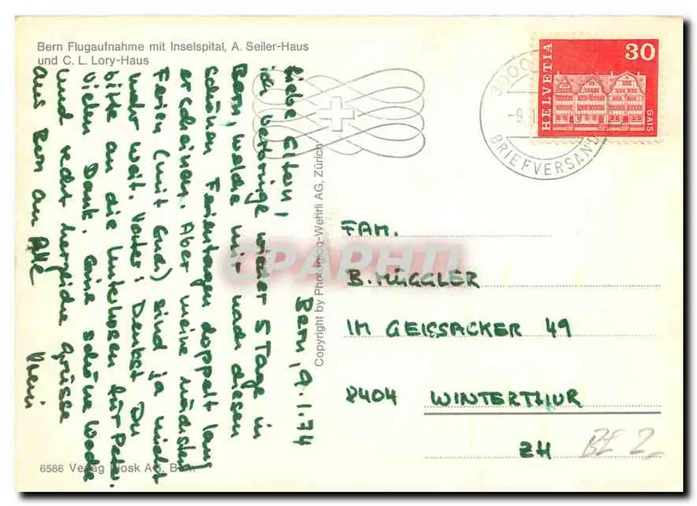 Bern — widok z lotu ptaka z Inselpital, A. Seiler-Haus i C. L. Lory-Haus — Verlag Bosk AG, Bern - Rewers