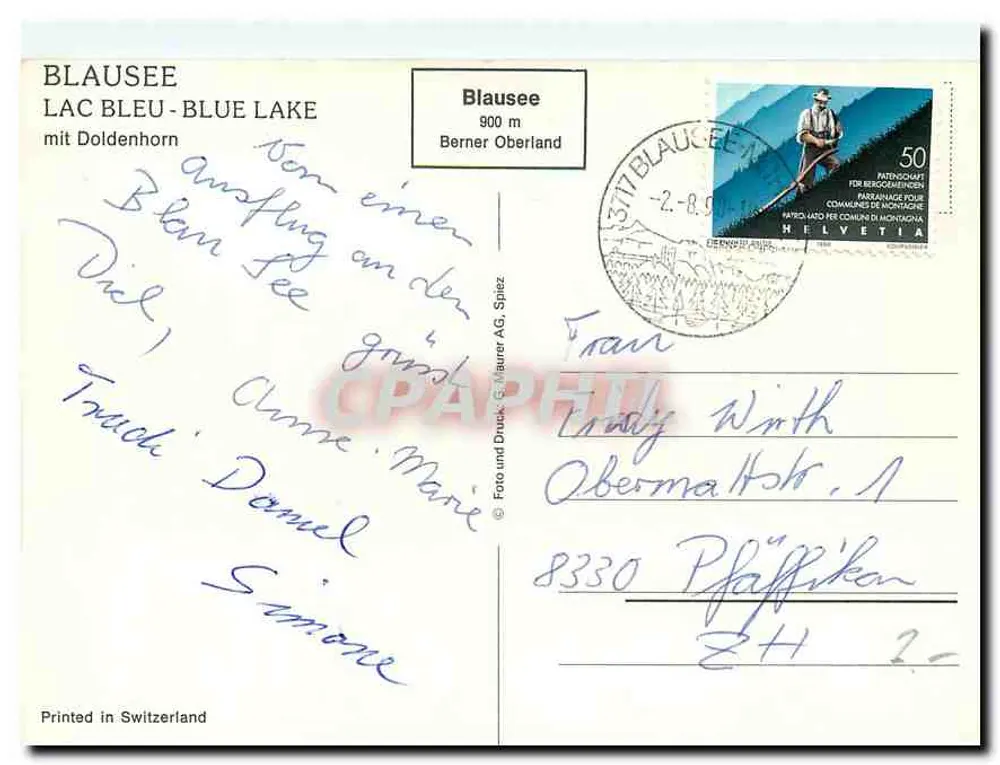 Blausee - Lago Azul - com o Doldenhorn — Berner Oberland, 900 m — editor: G. Laurent AG, Spiez - Verso