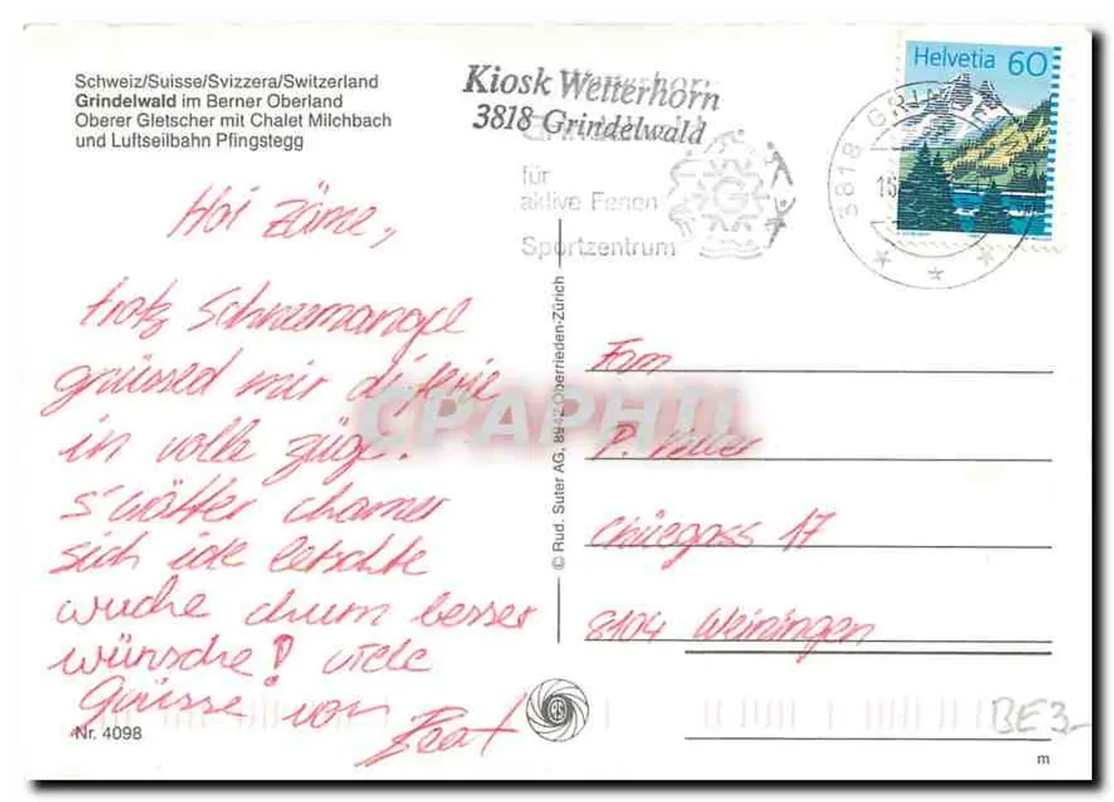 Grindelwald — mountains, glacier and gondola — publisher Kiosk Wetterhorn - Back