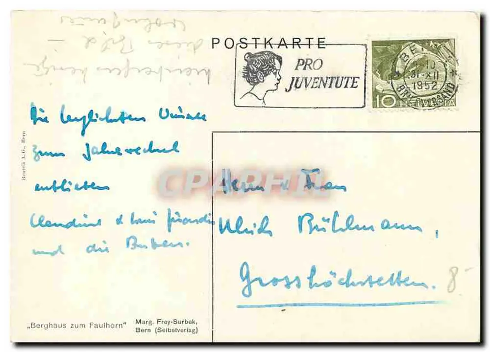 Berghaus zum Faulhorn — Ansicht des Berges — Verlag Marg. Frey-Surbek, Bern - Rückseite