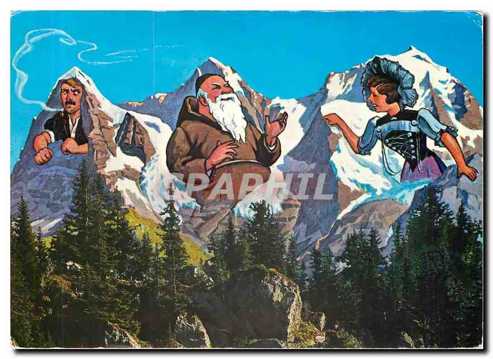 ईजर, मॉन्च, जंगफ्रू — कार्टून — वर्लैग फोटोग्लोब एजी ज़्यूरिख - आगे
