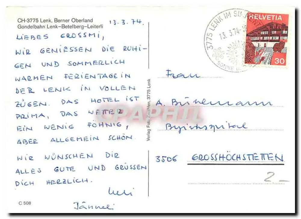 Lenk im Simmental — montagnes enneigées et téléphérique — Verlag Foto Zwalen, n° 3506 - Verso