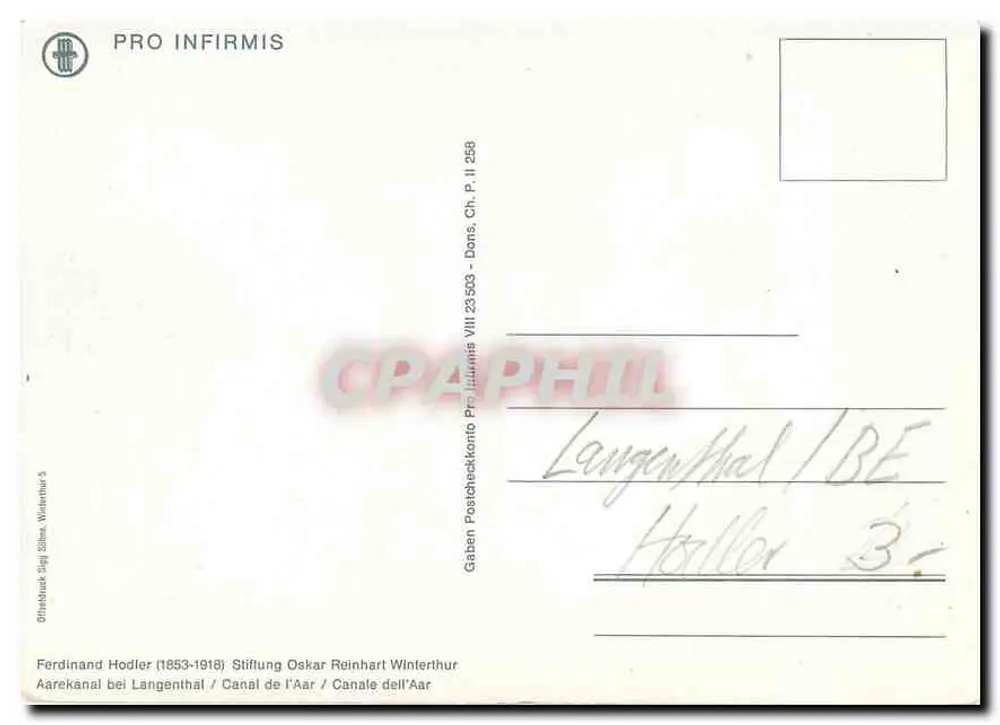 Canal de l'Aar à Langenthal — peinture de Ferdinand Hodler — édition Pro Infirmis - Verso
