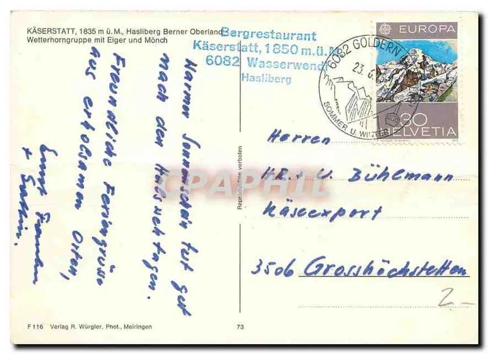 Käserstatt — Widok na Wetterhorngruppe z Elger i Mönch — Verlag R. Würgler, Fot. Meiringen - Rewers
