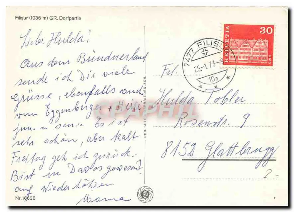 फिलिसुर (1036 मीटर) जीआर, डॉर्फपार्टी — गलियों एवं बर्फीली पर्वतों के दृश्य — एडिटर अदृश्य - पीछे